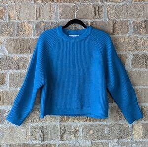 Zara Blue Ribbed Crew Neck Sweater Size XL Wool Blend
